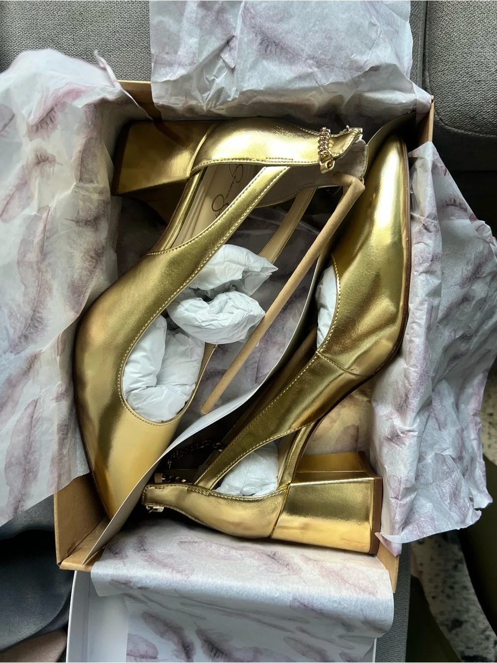 Jessica Simpson Gold Metallic Block Heel Pumps with Chain Ankle Strap